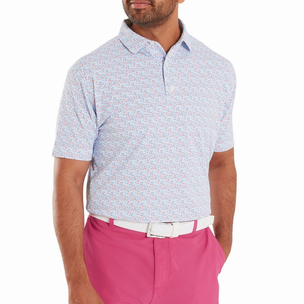 TaglessCollar Cross Grain Knit FootJoy Gamer Print Pique Polo Shirt - White/Air Blue/High Tide/Magenta