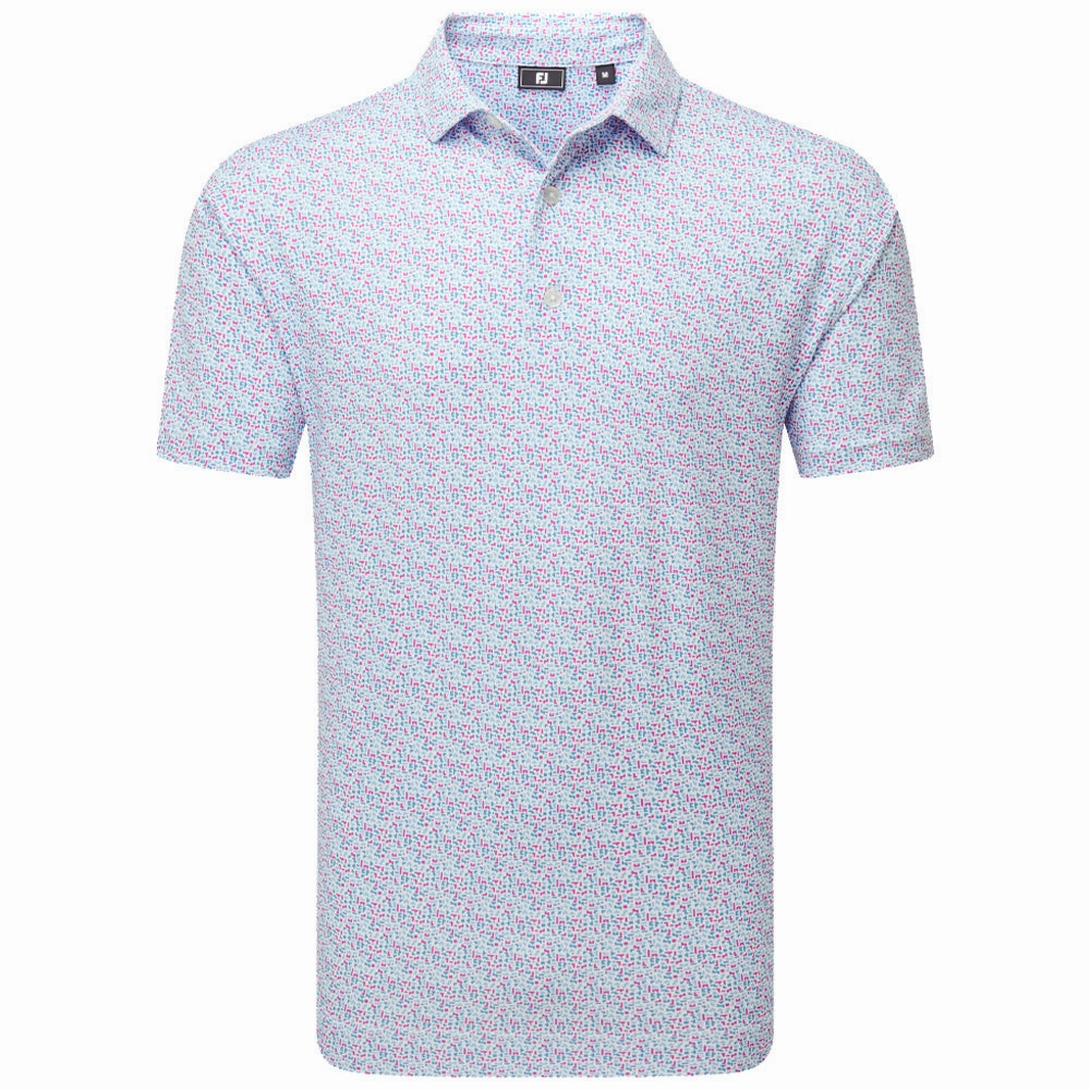 Breathable Yarn Composition FootJoy Gamer Print Pique Polo Shirt - White/Air Blue/High Tide/Magenta