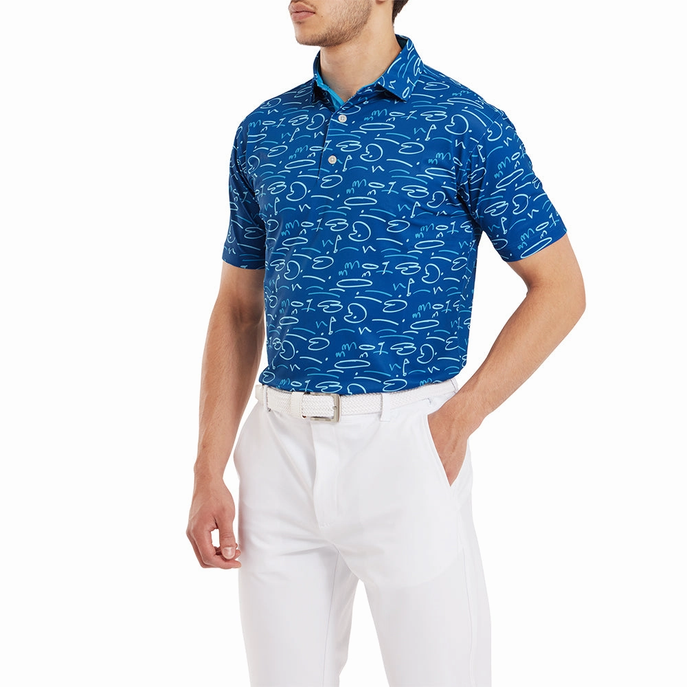 Washable FootJoy Golf Course Doodle Print Polo Shirt - Deep Blue