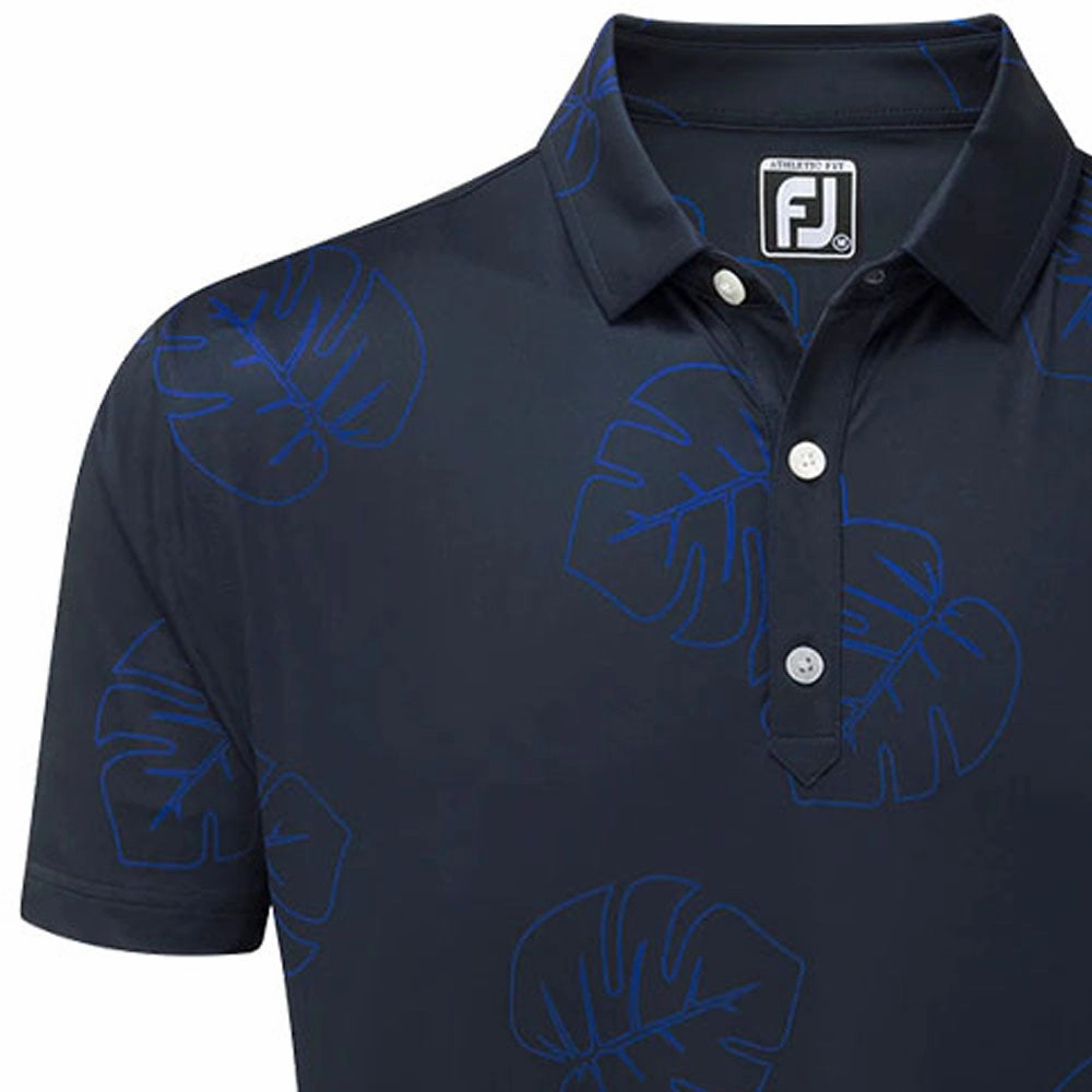 Simple and Relaxed Smooth Flatlock Stitching FootJoy Jungle Leaf Print Polo Shirt - Navy Tonal