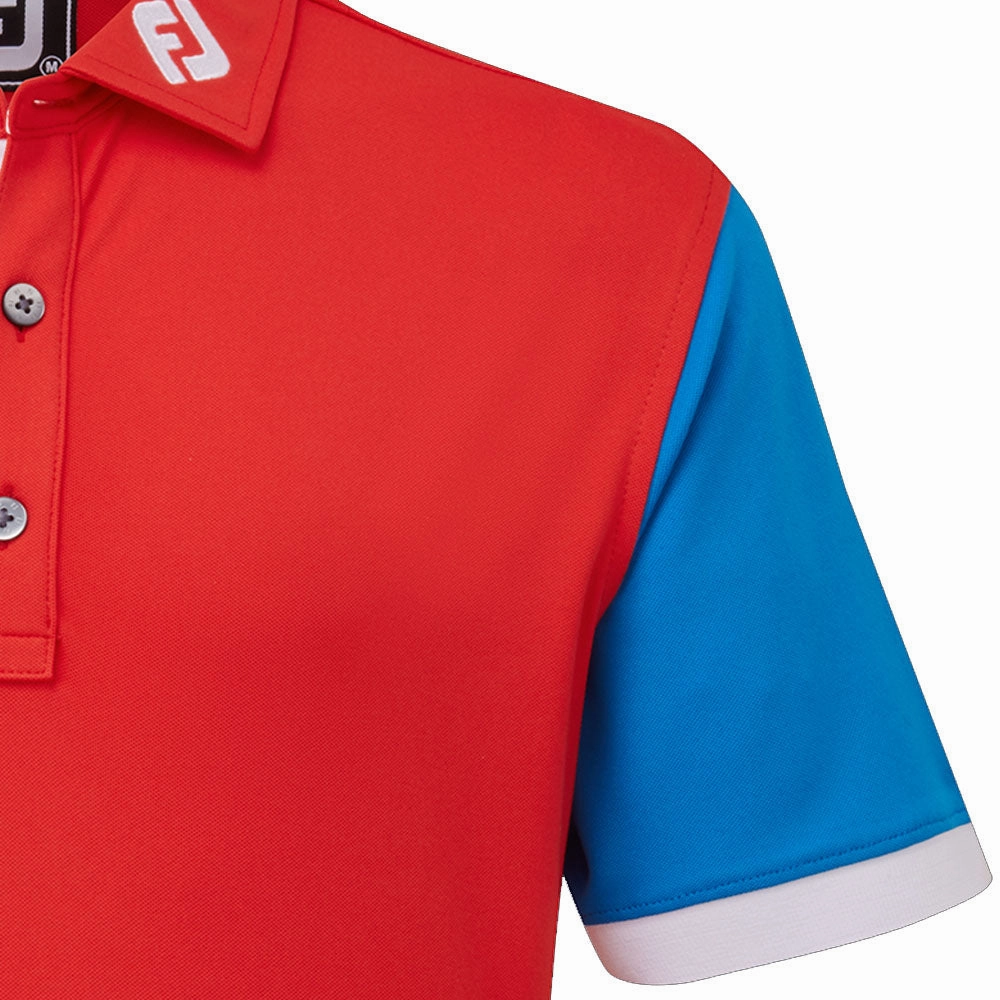 FootJoy Junior Colour Block Polo Shirt - Bright Red Flexible Ribbed Cuffs Weekend Essential
