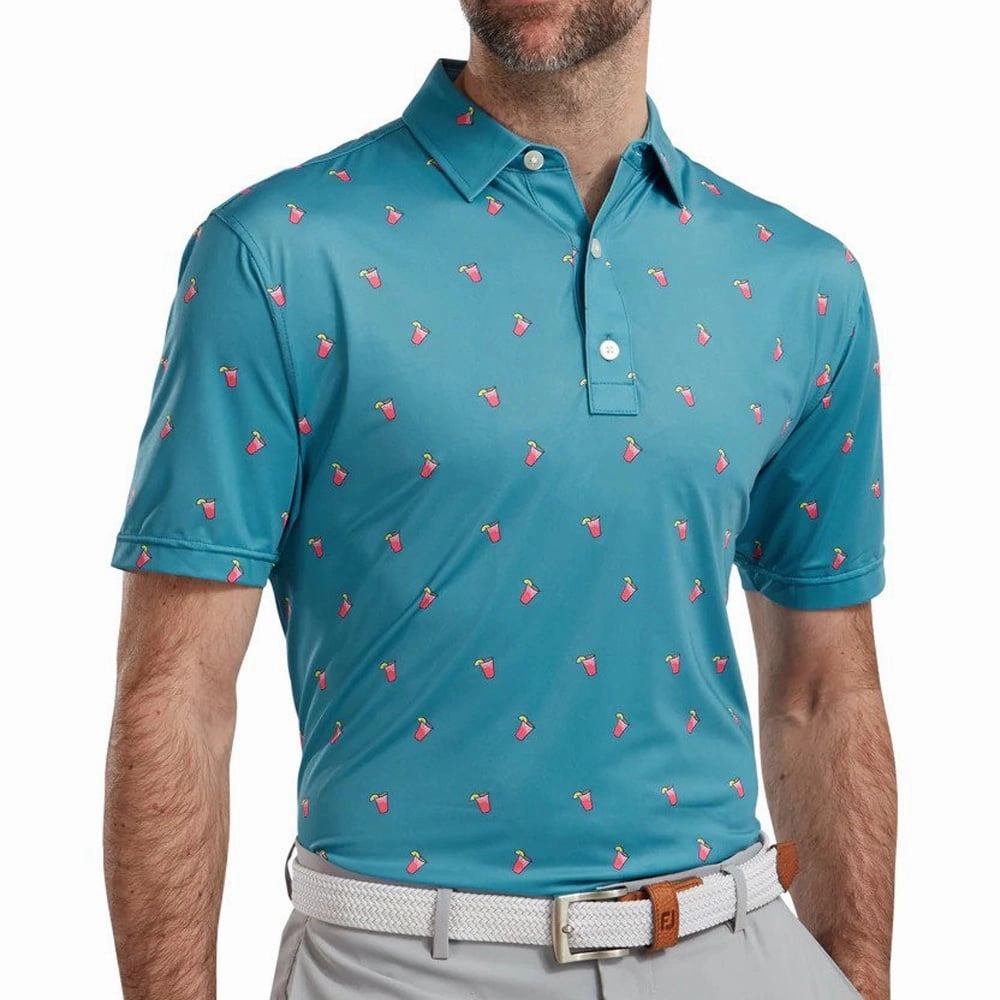 FootJoy Lisle Cocktail Print Polo Shirt - Storm Blue Tear Resistant Knit