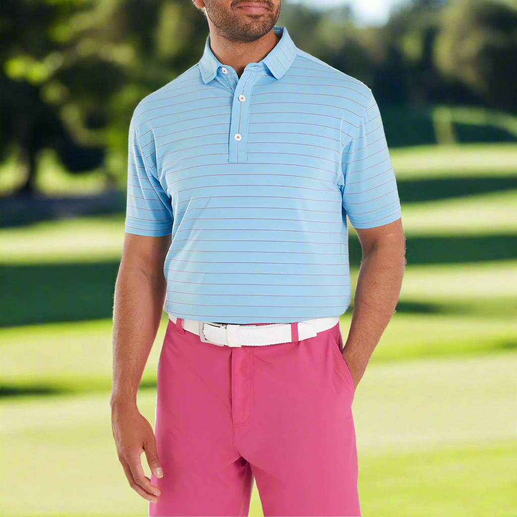 FootJoy Open Pinstripe Lisle Polo Shirt - Air Blue/Magenta Animal print wildness Odor Resistant Treatment