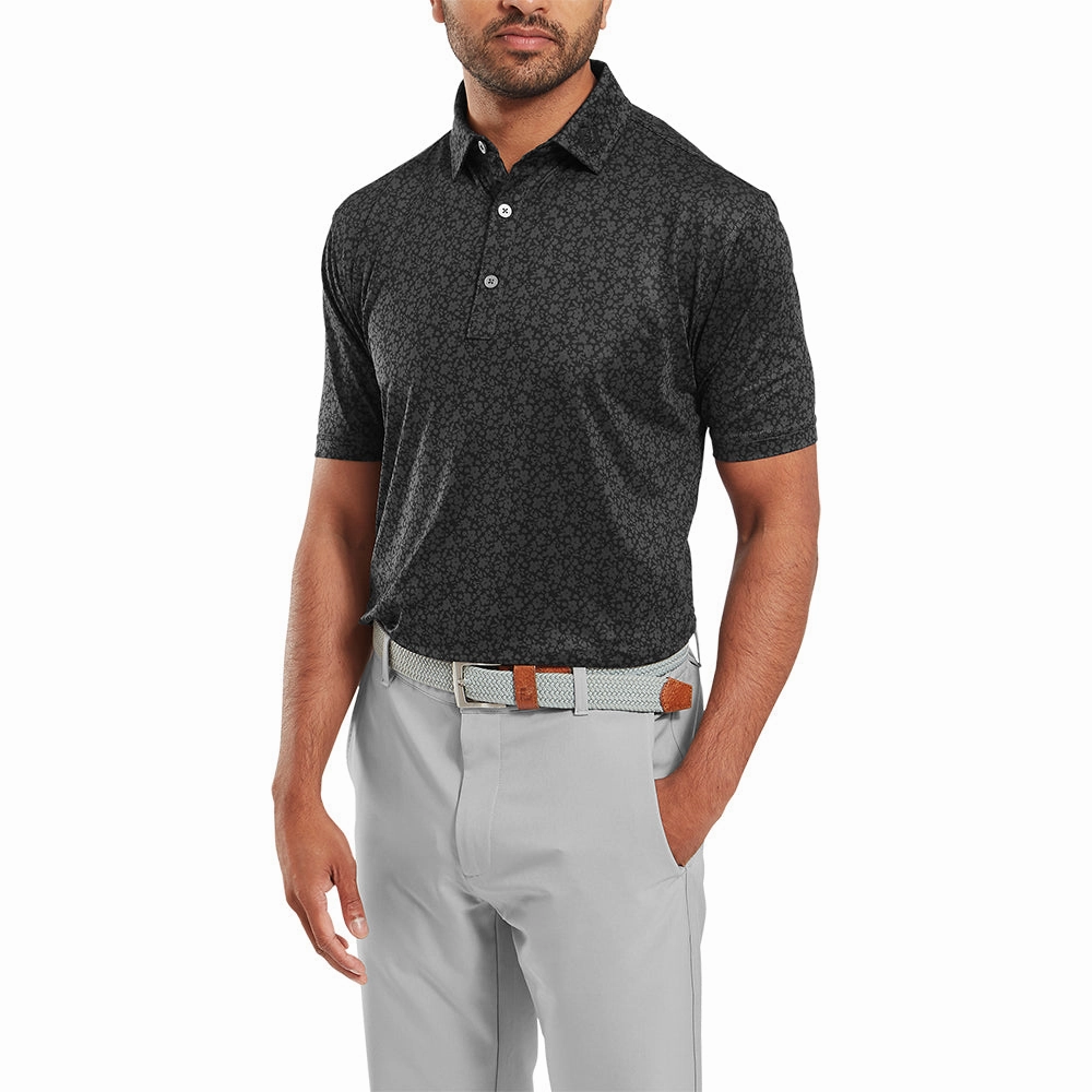 Curved Hemline FootJoy Painted Floral Lisle Polo Shirt - Black