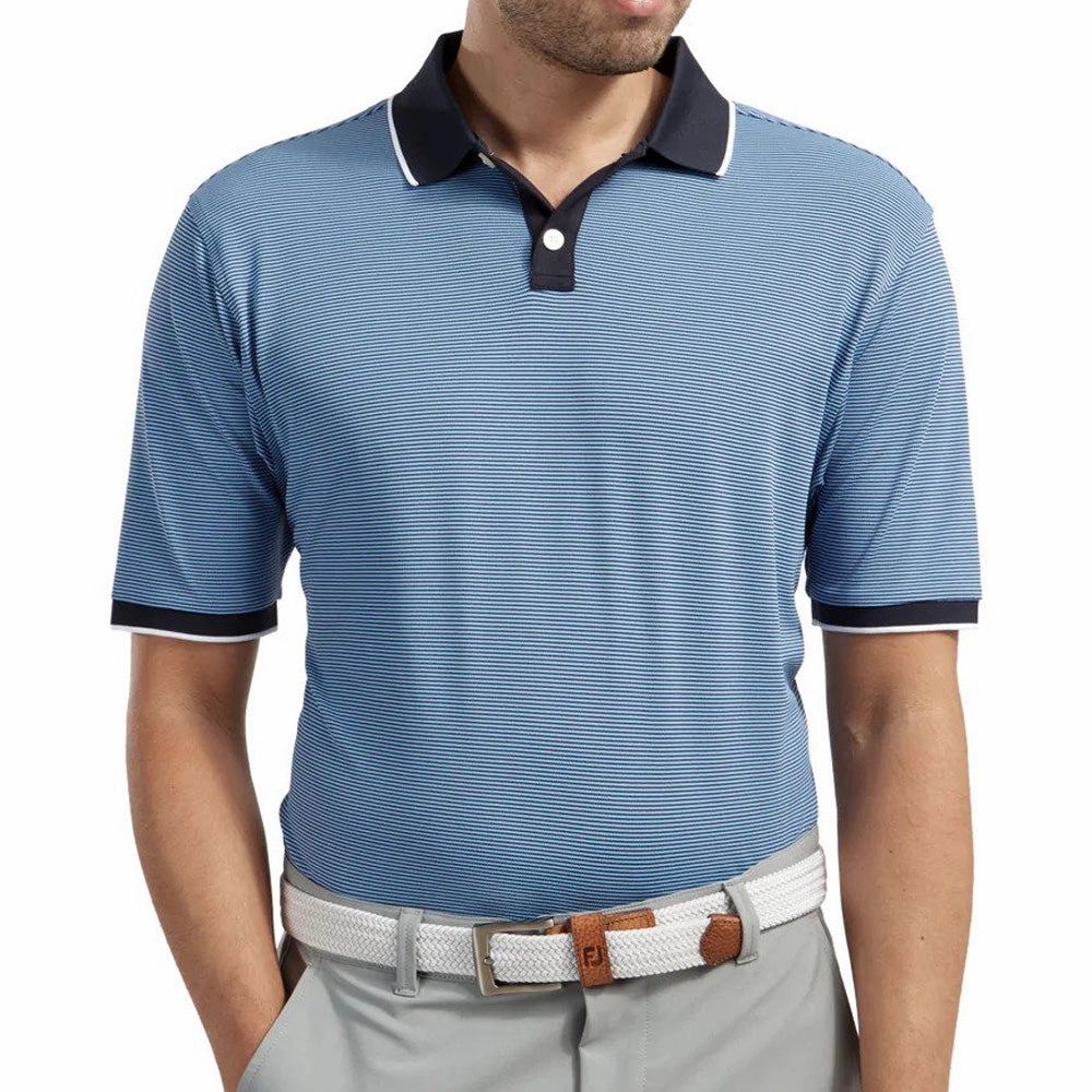 Lightweight Style FootJoy Pique Ministripe Polo Shirt - Navy/Lagoon