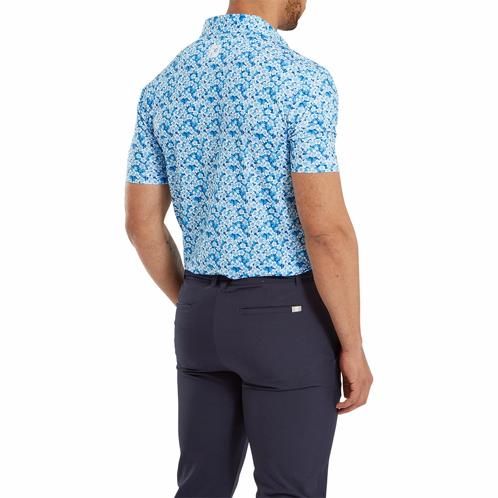 FootJoy Primrose Print Lisle Polo Shirt - Ocean Lightweight Comfort Crew Neck Design