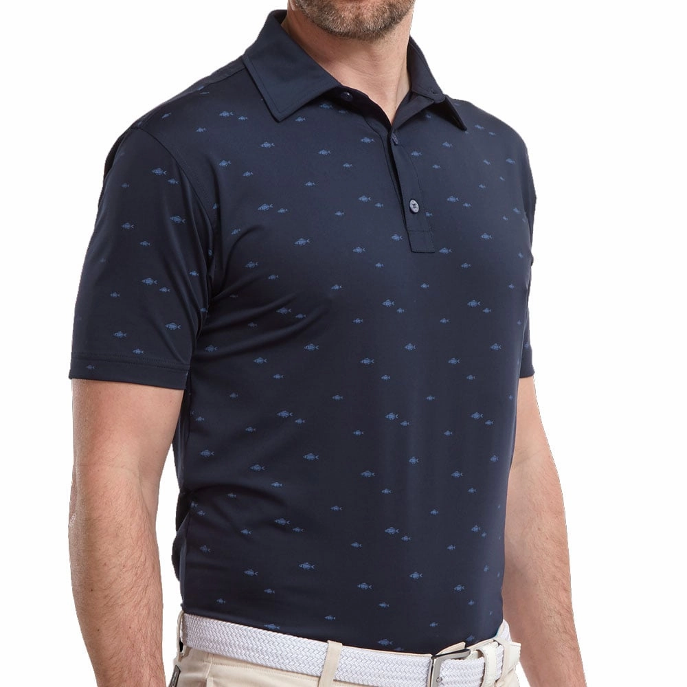 FootJoy School Fish Print Lisle Polo Shirt - Navy Soft Layering Double Stitched Hem