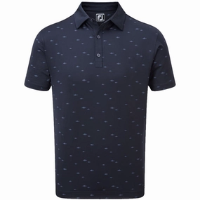 FootJoy School Fish Print Lisle Polo Shirt - Navy Men's Buttery Soft Fabric