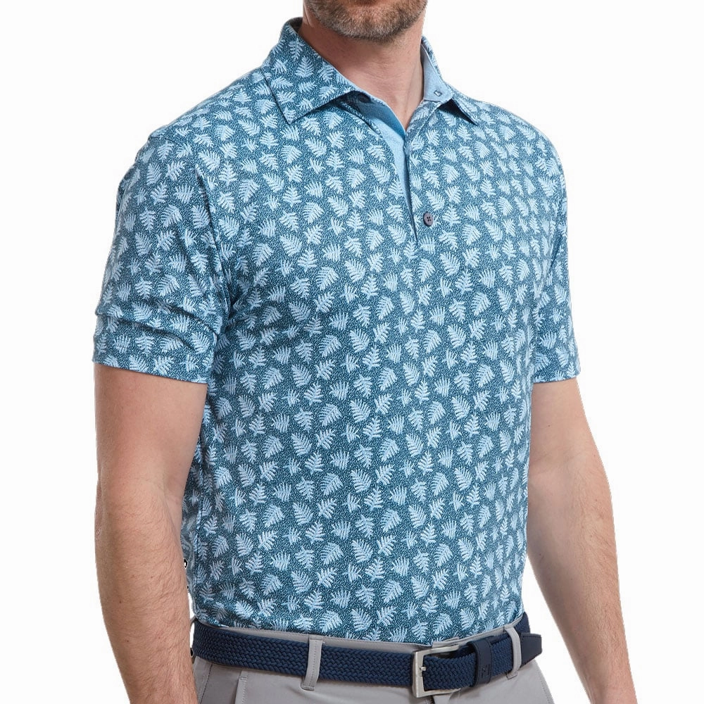 FootJoy Shadow Palm Print Pique Polo Shirt - Ink/Dusk Blue Comfy Layer Wear Sustainable Dye Process