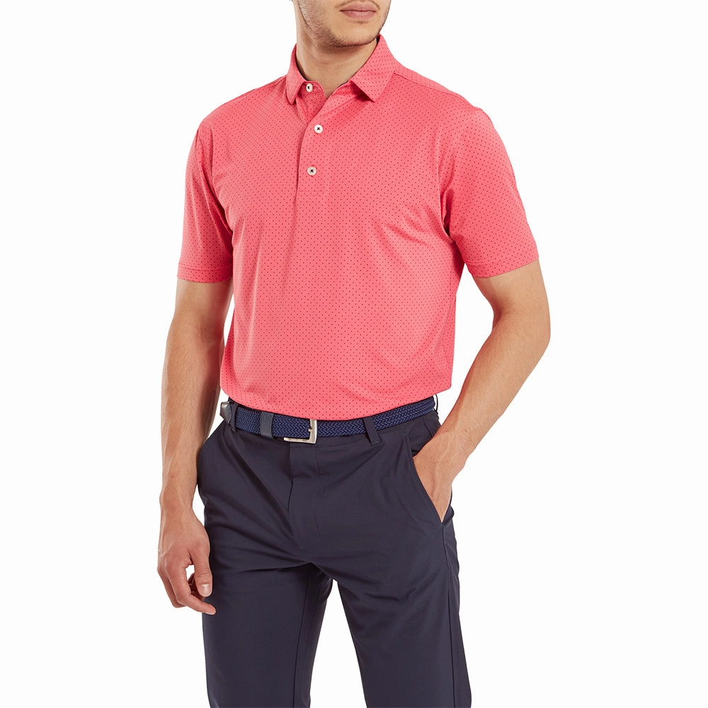 FootJoy Stretch Lisle Dot Print Polo Shirt - Coral Red/Navy loose fitting