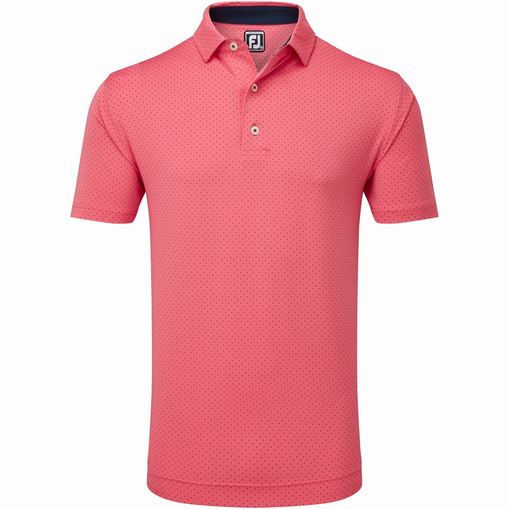 FootJoy Stretch Lisle Dot Print Polo Shirt - Coral Red/Navy Fashionable Fit Outdoor Ready