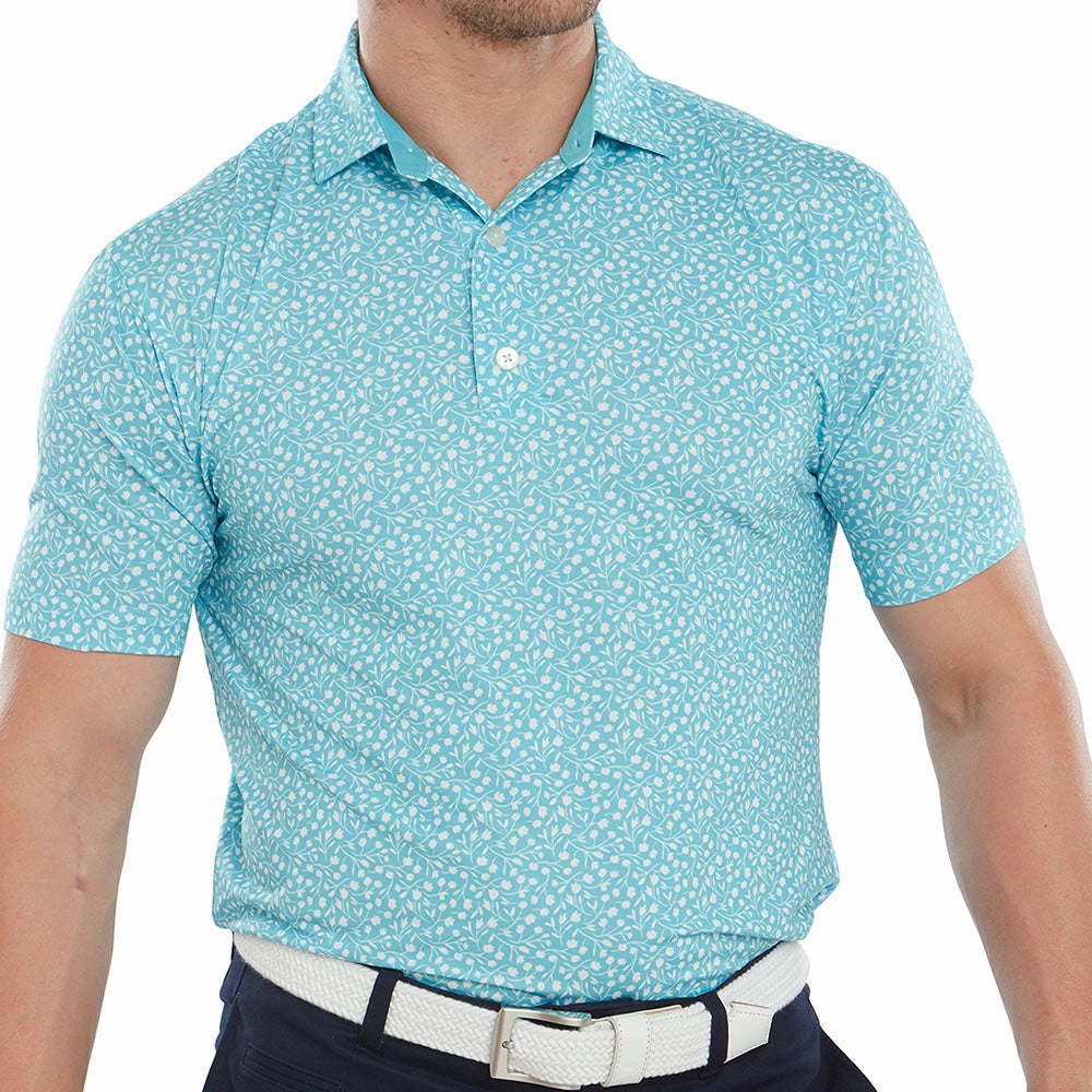 Beach relaxation High Density Weave FootJoy Tossed Tulips Polo Shirt- Maui Blue/White