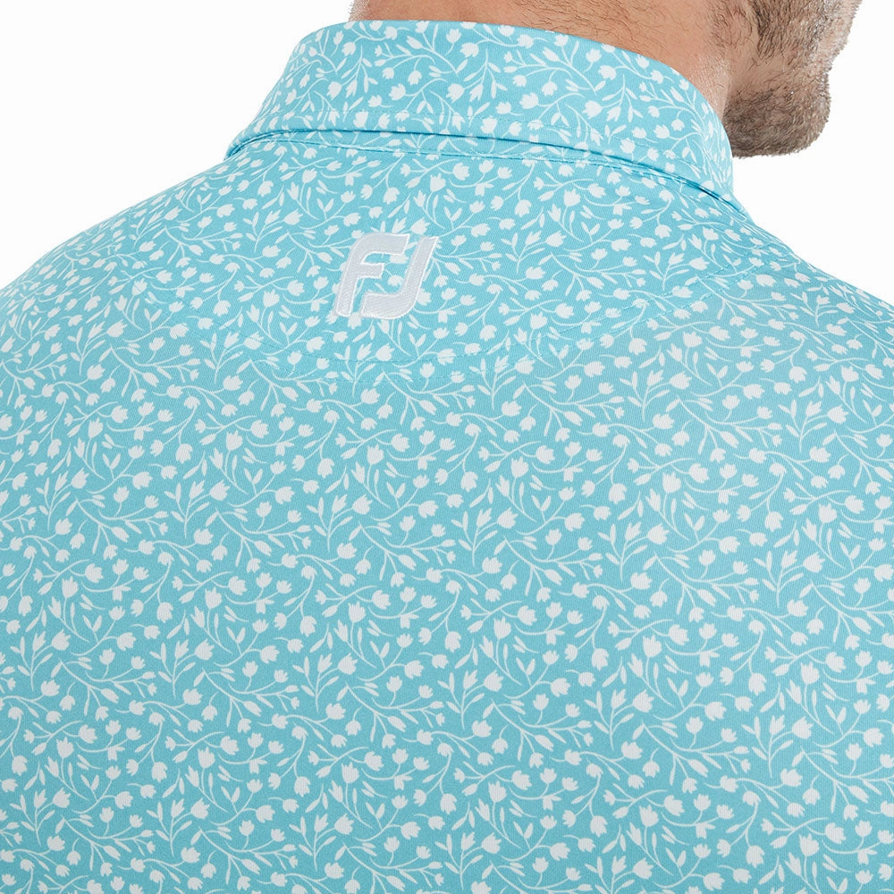 FootJoy Tossed Tulips Polo Shirt- Maui Blue/White Subtle Logo Placement Outdoor Outfit Style