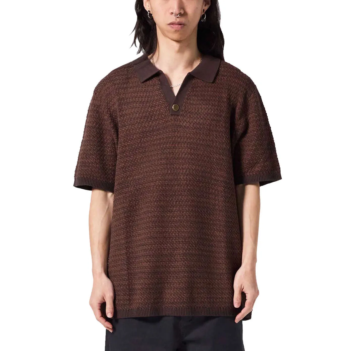 Former AG Open Collar Polo Shirt - Copper Striped Design