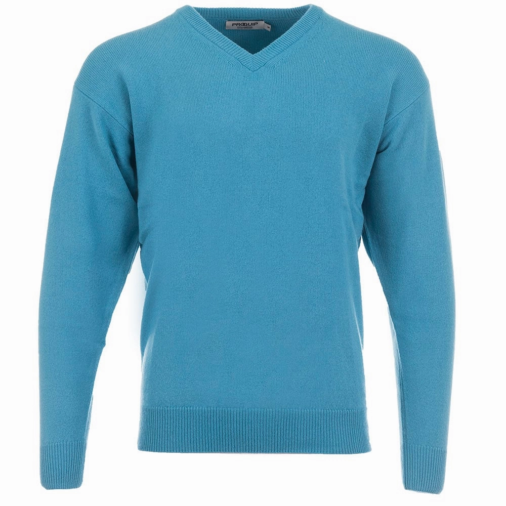 Essential Sporty Shiny Finish ProQuip Lambswool Water Repellent V Neck Golf Sweater - Aqua