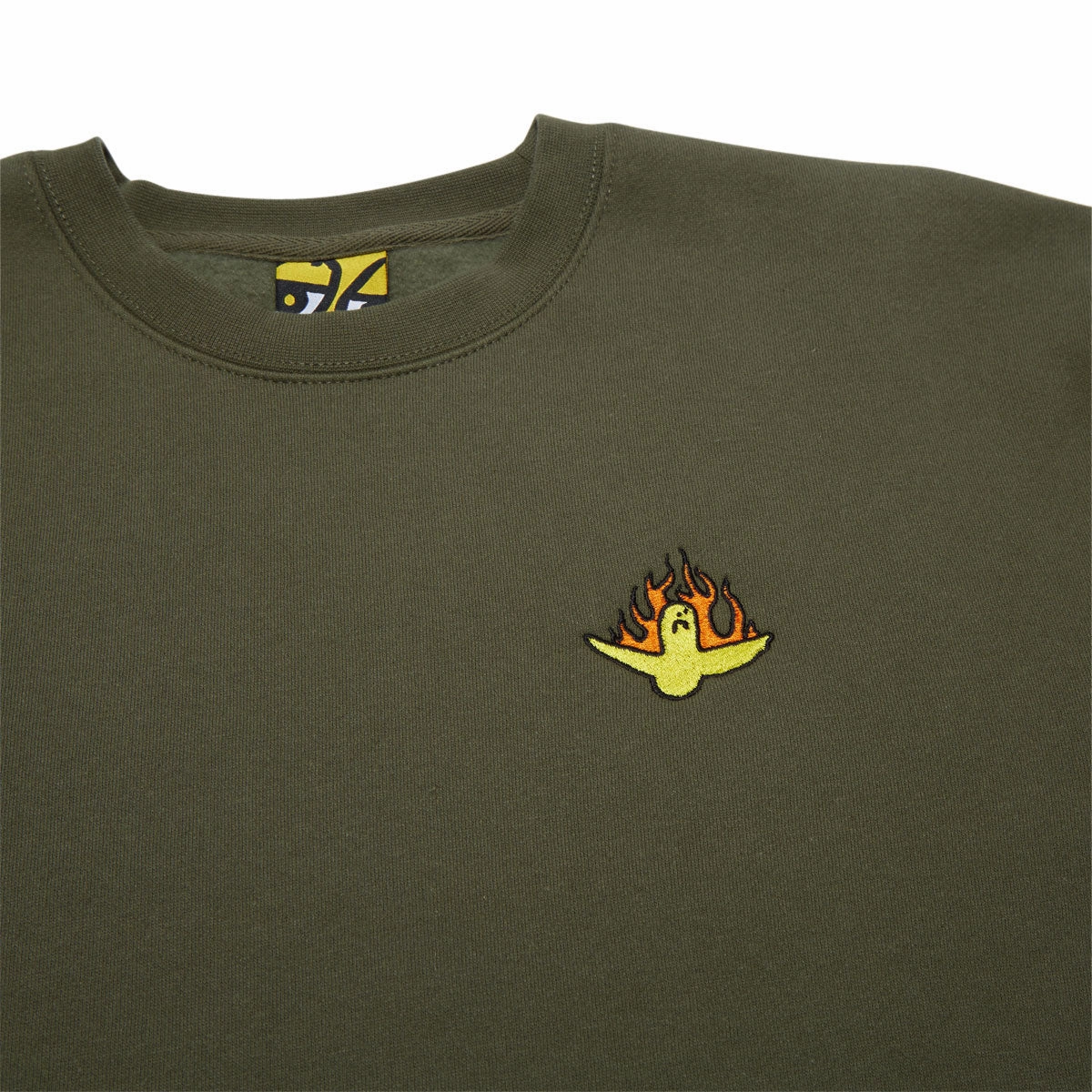 Krooked Fire Bird Emb Sweatshirt - Army/Yellow/Orange/Black Embroidery Soft touch finish Cold Weather Gear