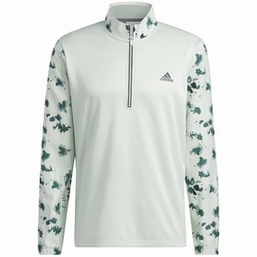 adidas Splatter Print 1/4 Zip Pullover - Linen Green/Shadow Green snap buttoned Fashion Essential