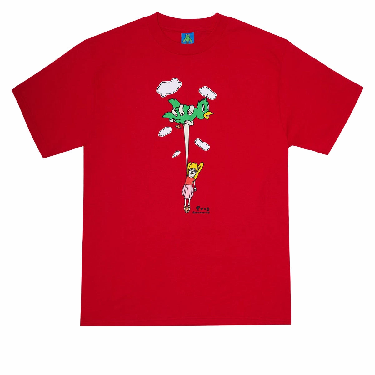 loose but not baggy Stretch Jersey Knit Frog Bird Girl T-Shirt - Red