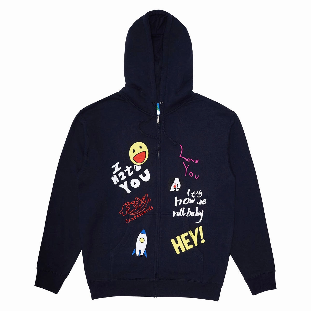 Hip Hop Fashion Minimalist Trim Frog Love/Hate Zip Hoodie - Navy