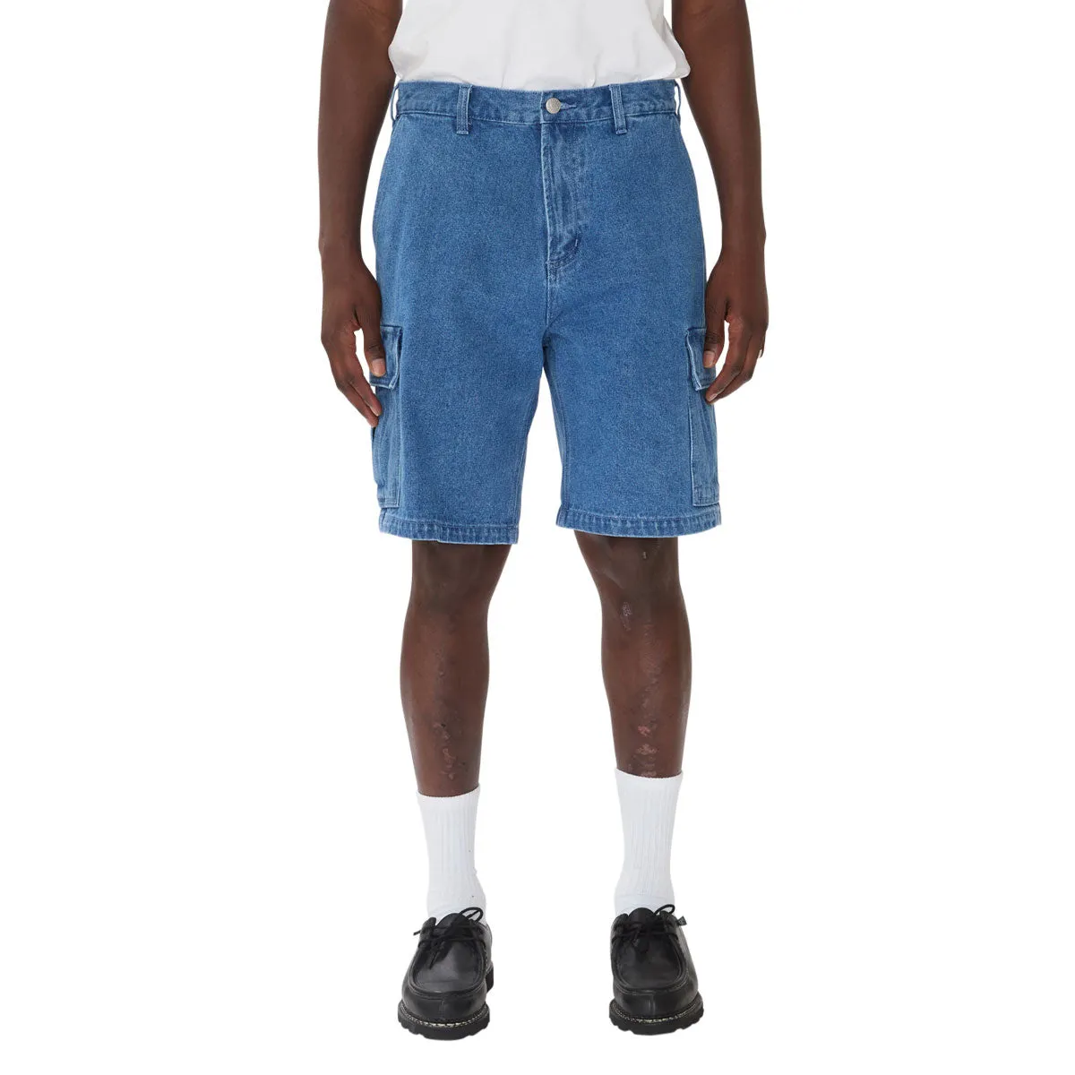 Reflective Safety Stripes Obey Bigwig Baggy Denim Cargo Shorts - Light Indigo
