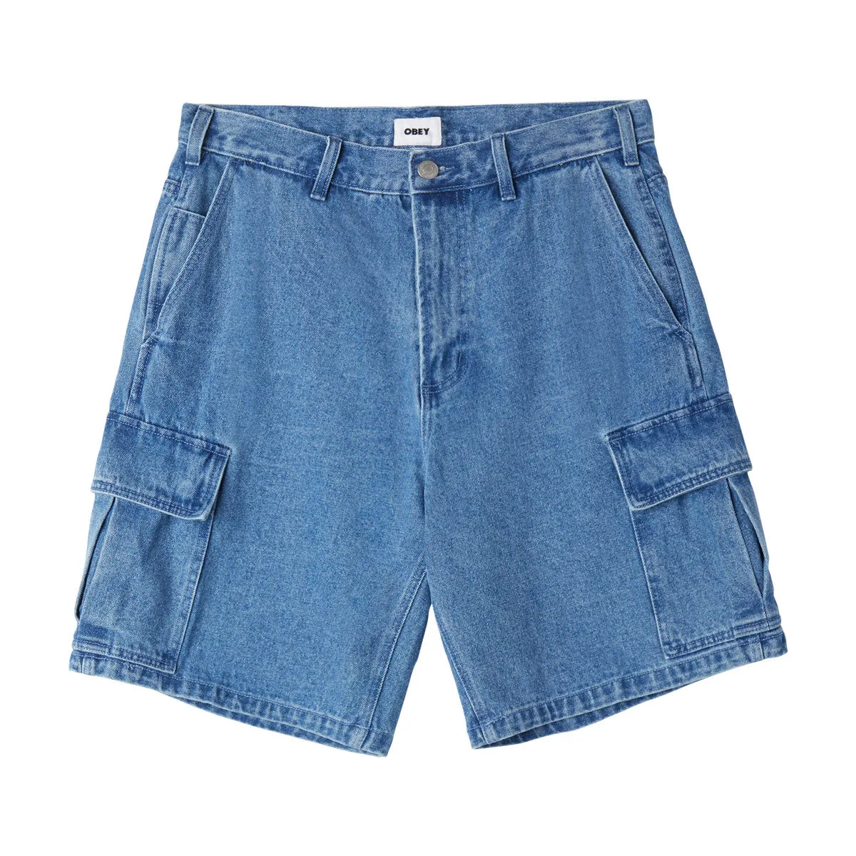 Obey Bigwig Baggy Denim Cargo Shorts - Light Indigo Reflective details