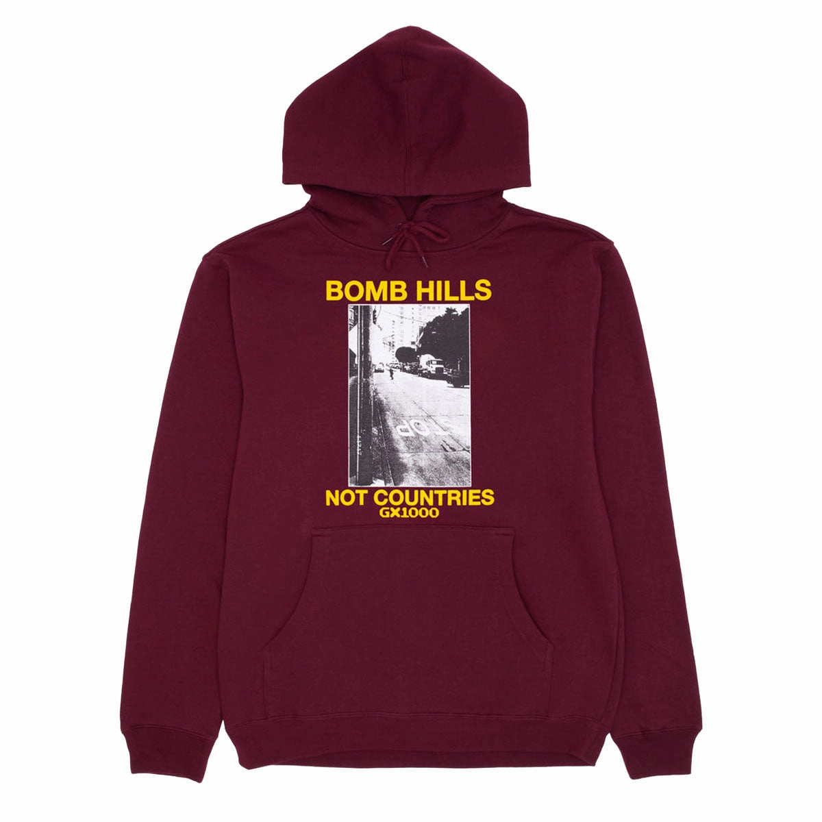 GX1000 Bomb Hills Not Countries Hoodie - Burgundy/Yellow Font Durable Reinforced Hood