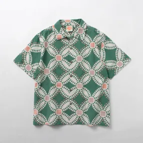 High Density Weave HAVE A GRATEFUL DAY / Open Collar Short Sleeve Shirt Vintage Quilt Print