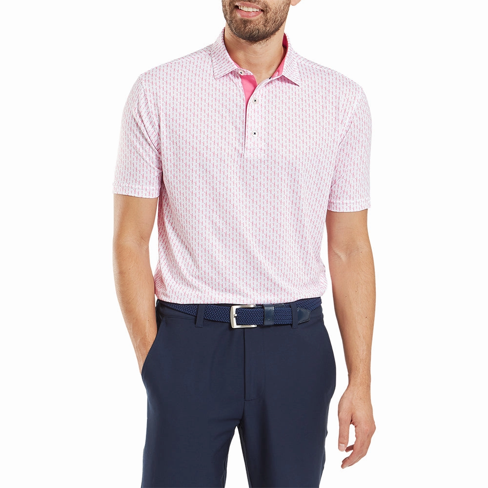 Vibrant Colors Heat Transfer Printing FootJoy Figure Print Lisle Polo Shirt - White/Pink Lemonade