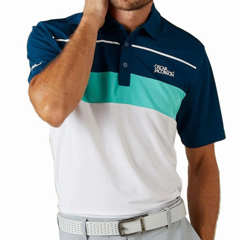 Oscar Jacobson Dodman Polo Shirt - White/Aqua Smooth Jersey Texture