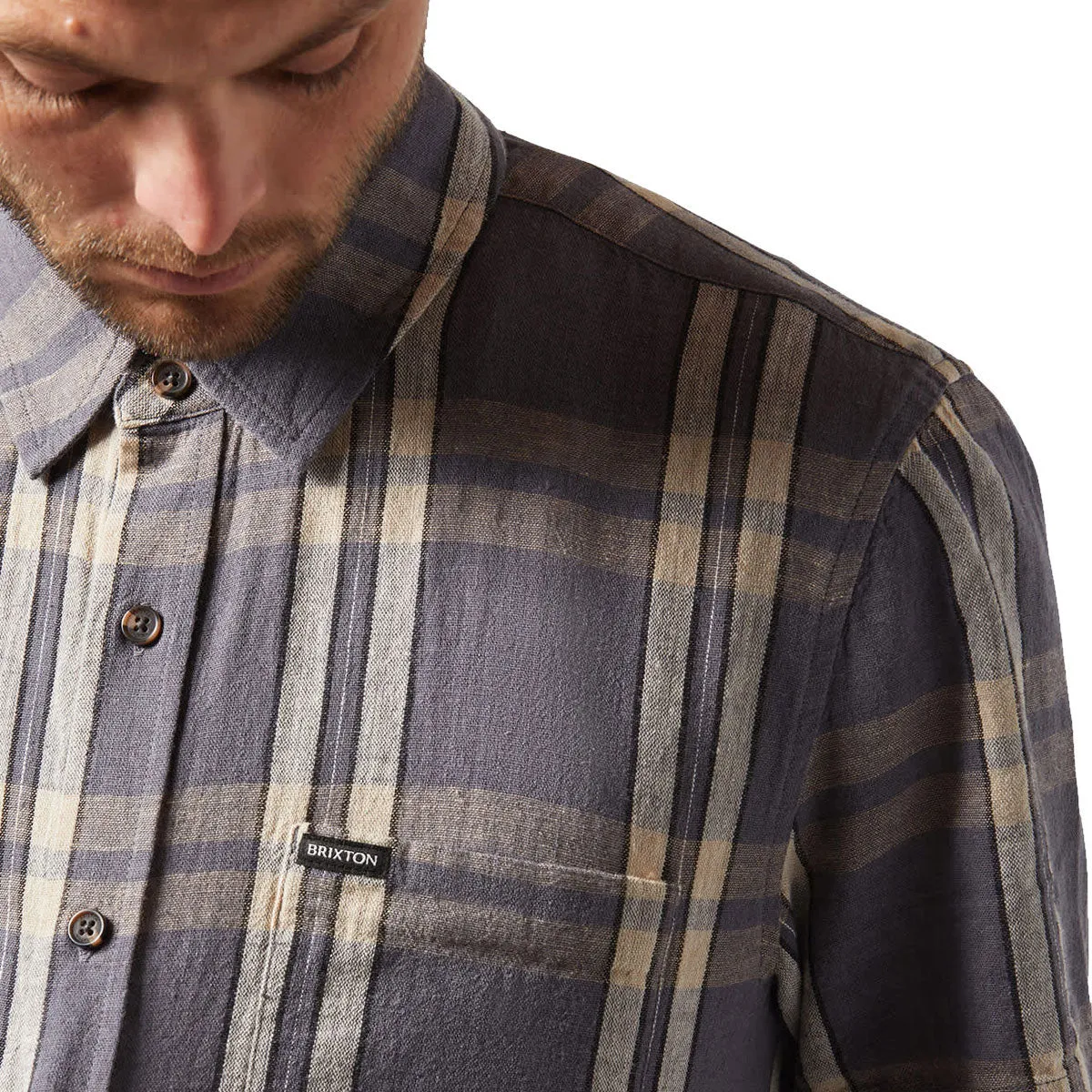 Hooded Neckline Urban Wear Brixton Charter Linen Blend Shirt - Charcoal/Beige Plaid
