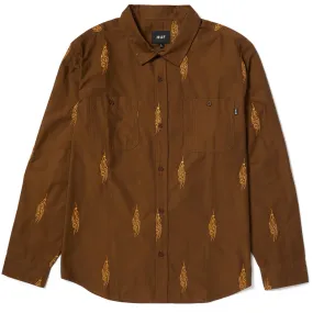 HUF Larkin Embroidered Long Sleeve Work Shirt - Bison Seamless Shoulder Construction Durable Buttons