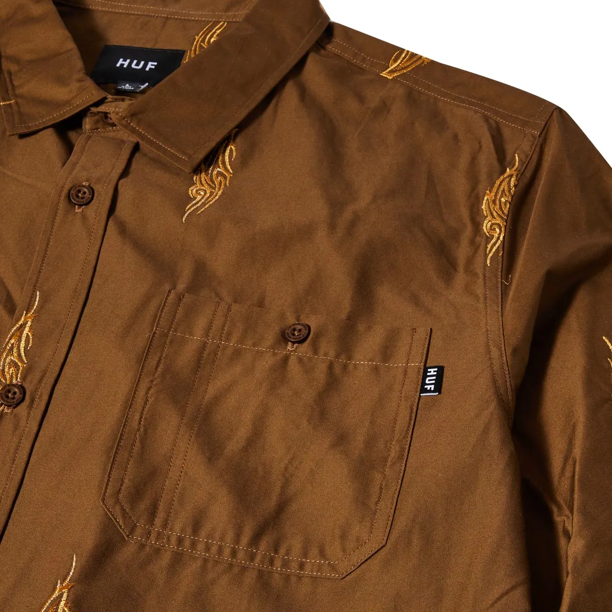 Smooth Seam Finish All-day Comfort HUF Larkin Embroidered Long Sleeve Work Shirt - Bison