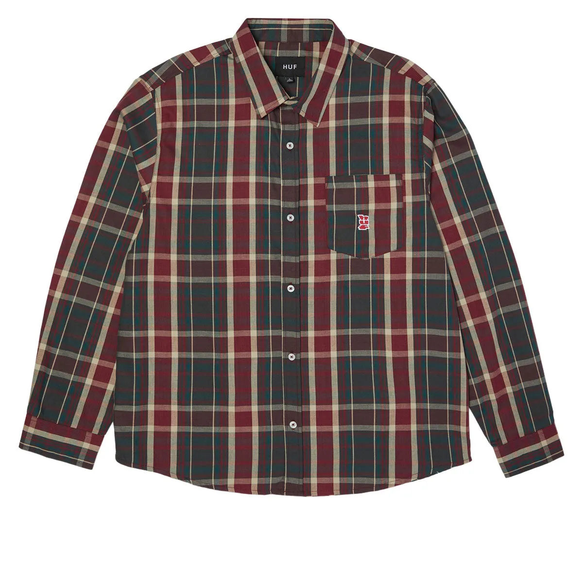 HUF Megablast Plaid Long Sleeve Shirt - Deep Wine Embroidered Logo Odorless Binding Tape