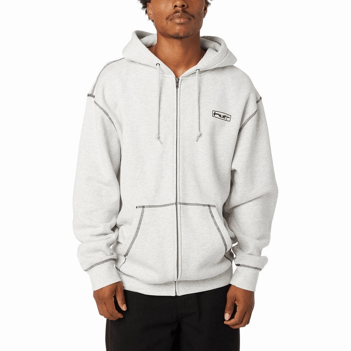 HUF Stretch Zip Up Hoodie - Ash Reinforced Hem College Outfit