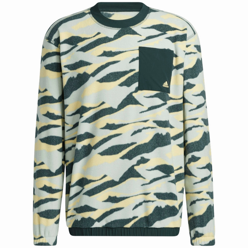 Anti Odor shiny accents adidas Texture Print Crew Neck Sweatshirt - Linen Green/Shadow Green/Almost Yellow