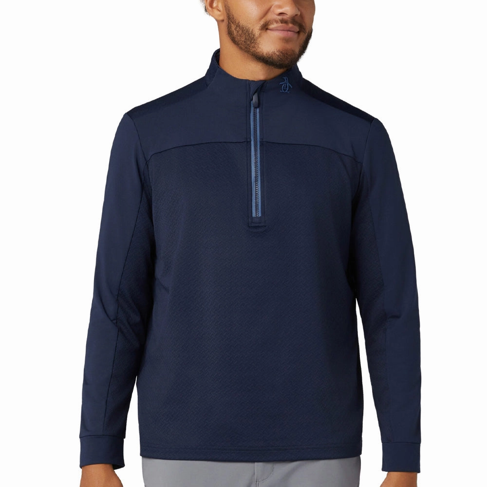 Original Penguin Lightweight Mixed Media 1/4 Zip - Black Iris Geometric Print Sports Style