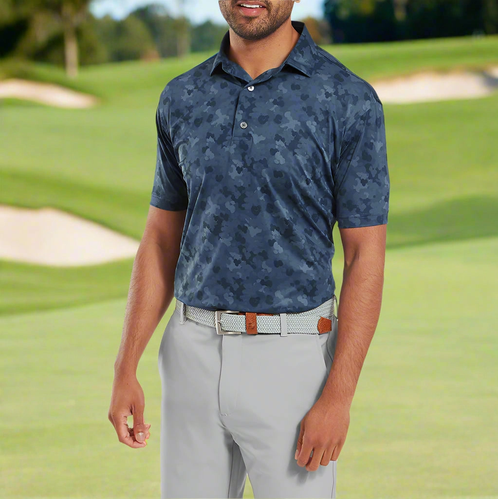 Day-to-Night Look FootJoy Pop Camo Lisle Polo Shirt - Dark Denim