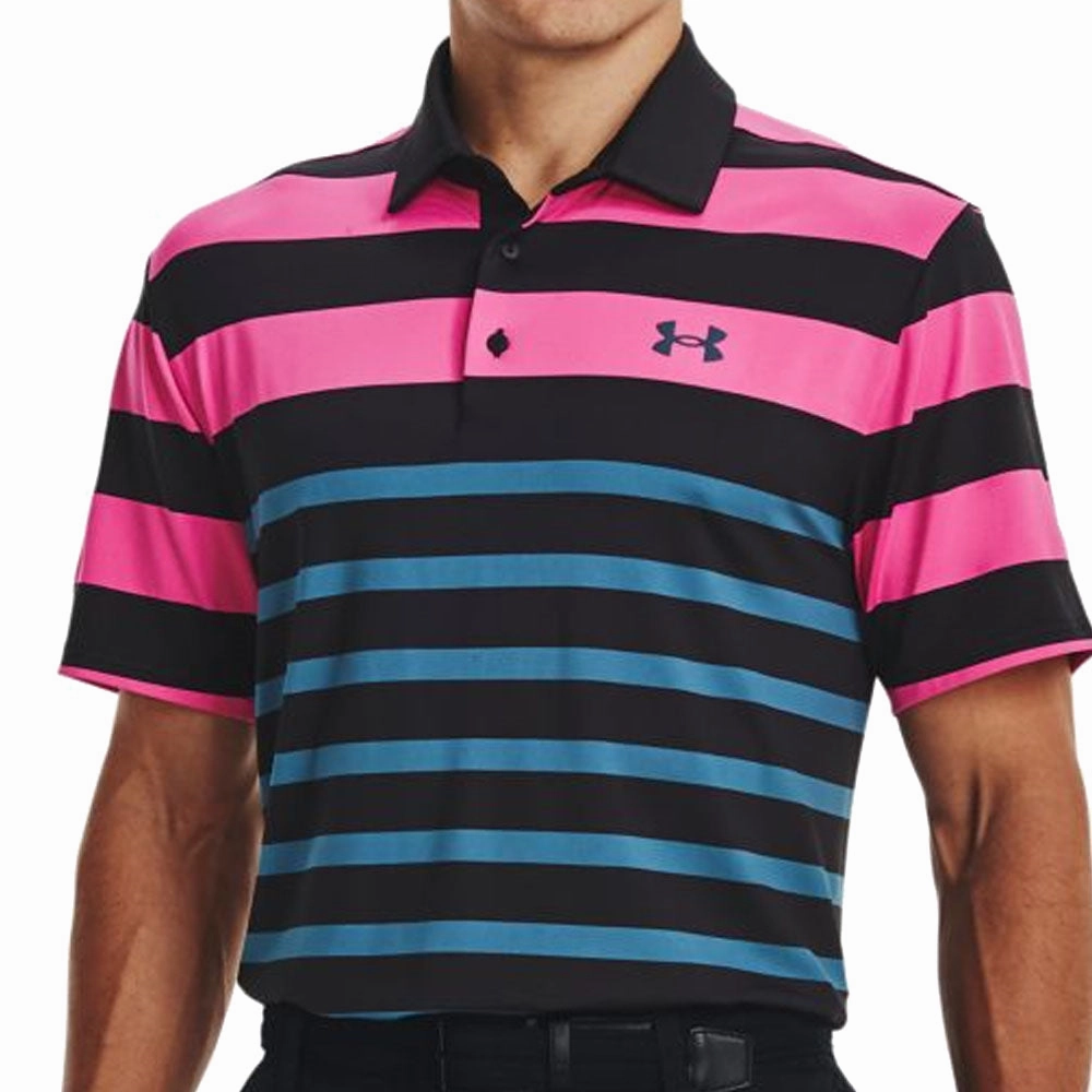 Relaxed Fit Design Under Armour Playoff 3.0 Rugby YD Stripe Polo Shirt - Black/Rebel Pink/Static Blue