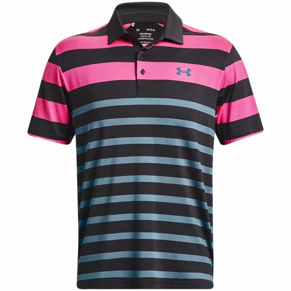 Under Armour Playoff 3.0 Rugby YD Stripe Polo Shirt - Black/Rebel Pink/Static Blue FadeResistantPrint Relaxed Design