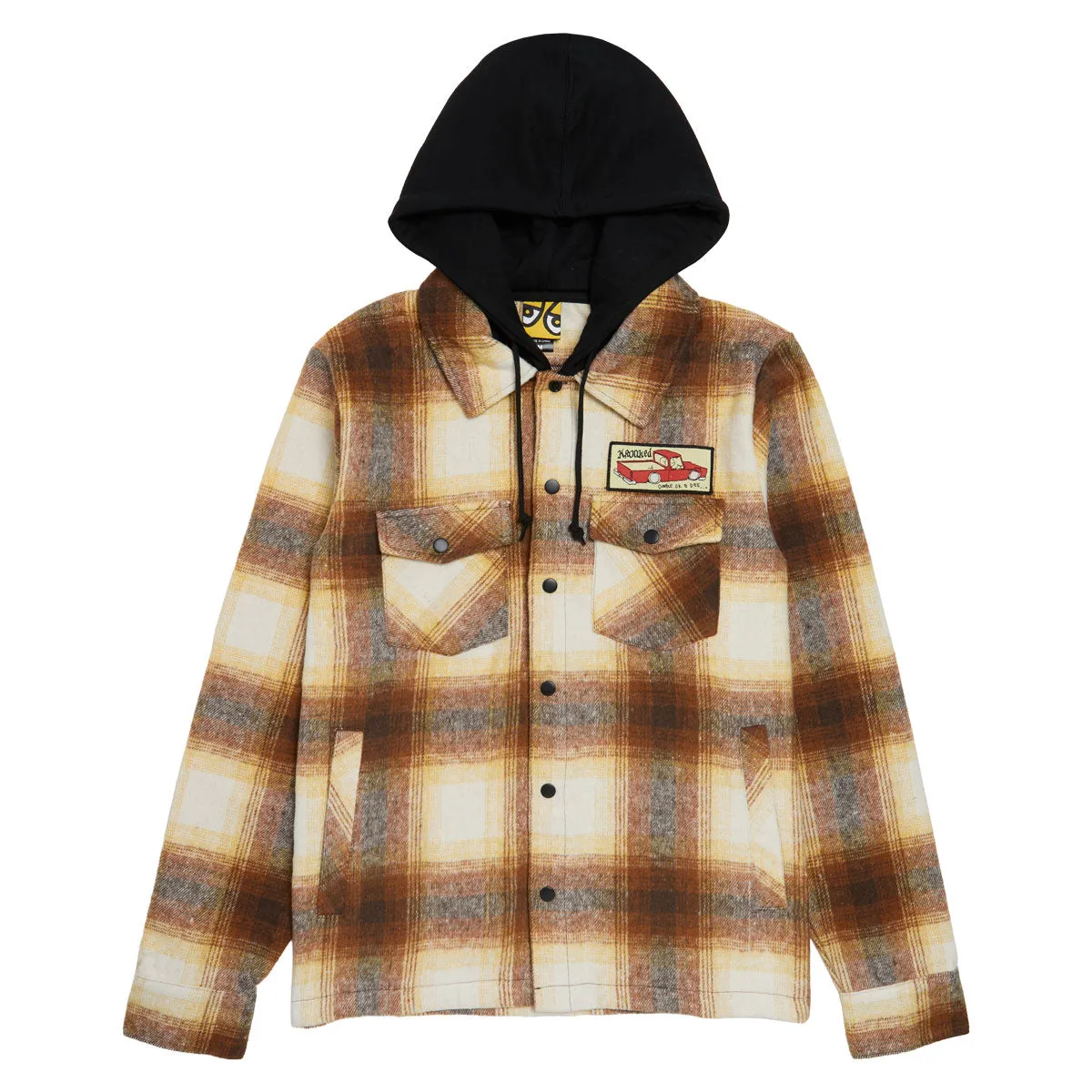 Krooked Double Ok Hooded Long Sleeve Shirt - Brown/Tan Plaid/Multi Color Patch Non Chafe Seams Geometric Design