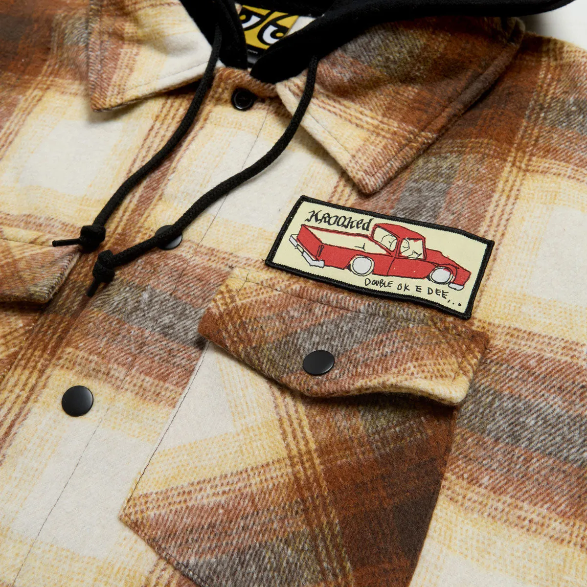 Krooked Double Ok Hooded Long Sleeve Shirt - Brown/Tan Plaid/Multi Color Patch Relaxed Vibe