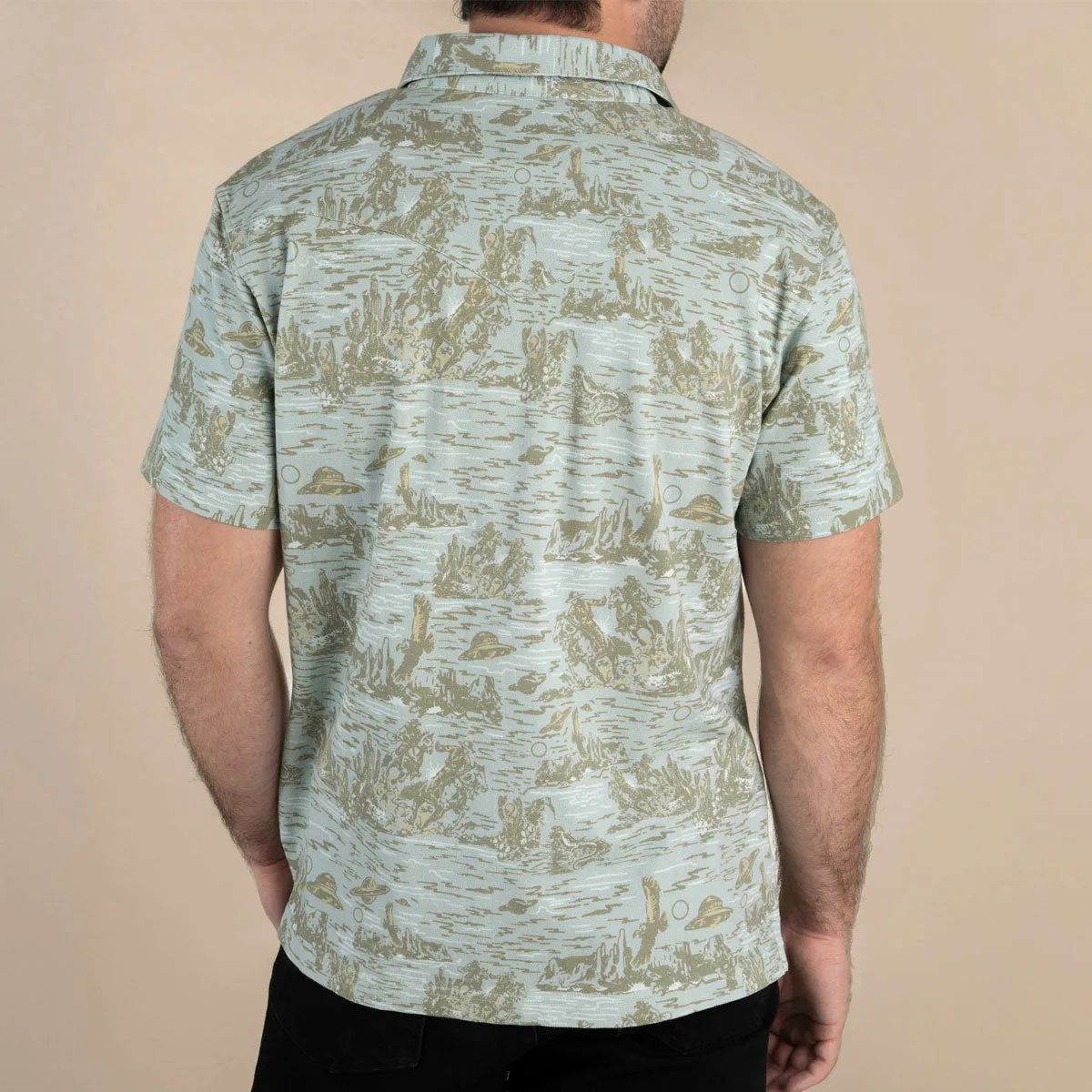 Sendero Cantina Polo Shirt - Desert Abduction Print Zip Front Ethical production