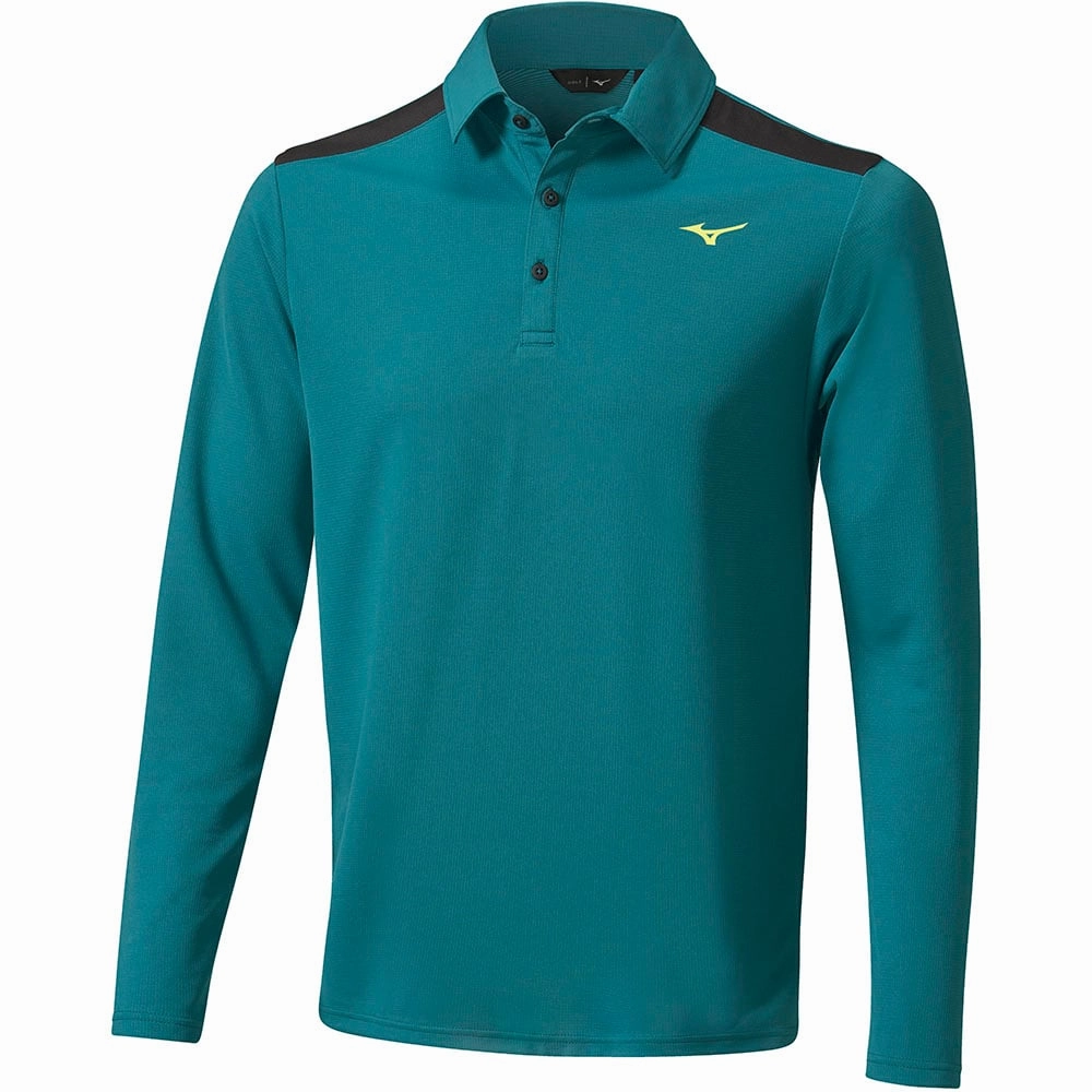 Mizuno Elite Long Sleeve Polo Shirt - Dark Green Ribbed Collar Design fade resistant color