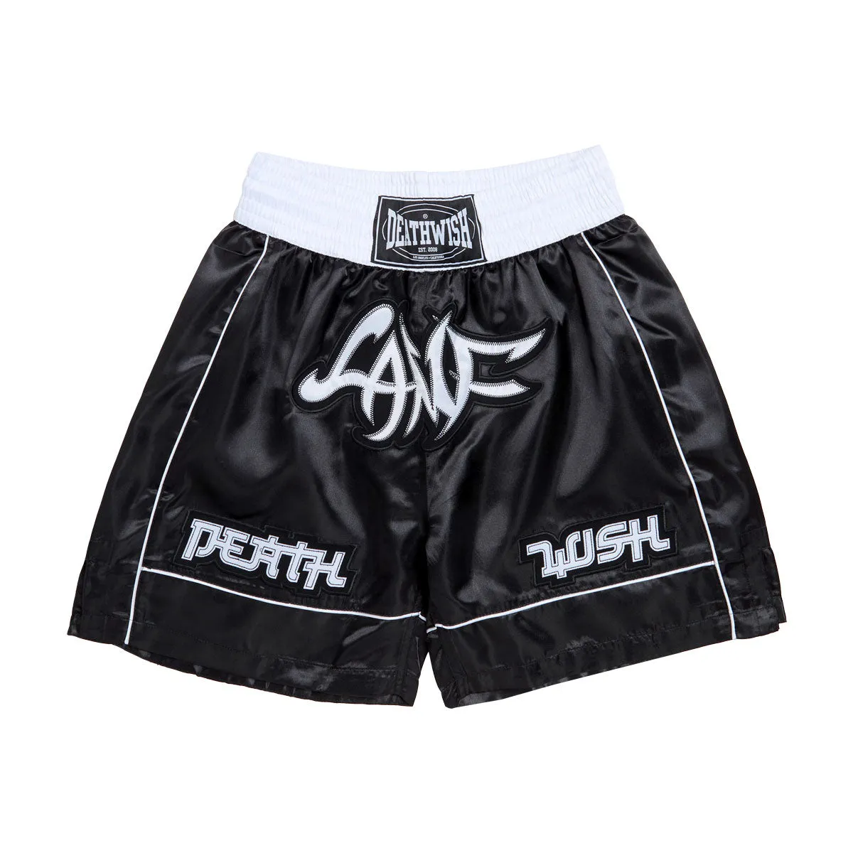 Sweat Wicking Lining Simple Style Deathwish Lamf Satin Boxing Shorts - Black