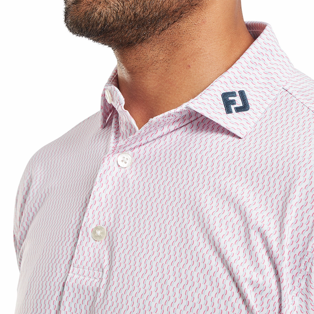 Fashionable Ease Lightweight Comfort Wear FootJoy Wiggle Print Lisle Polo Shirt - White/Skyway/Pink Lemonade