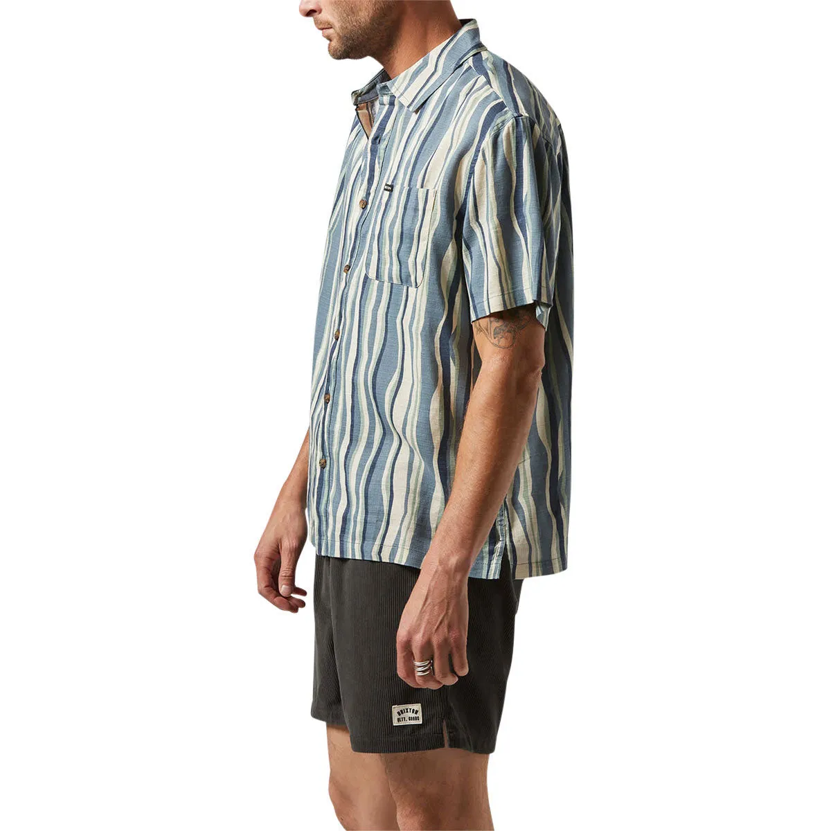 Waffle Weave Brixton Cru Slub Shirt - Basalt Blue/Painterly Stripe