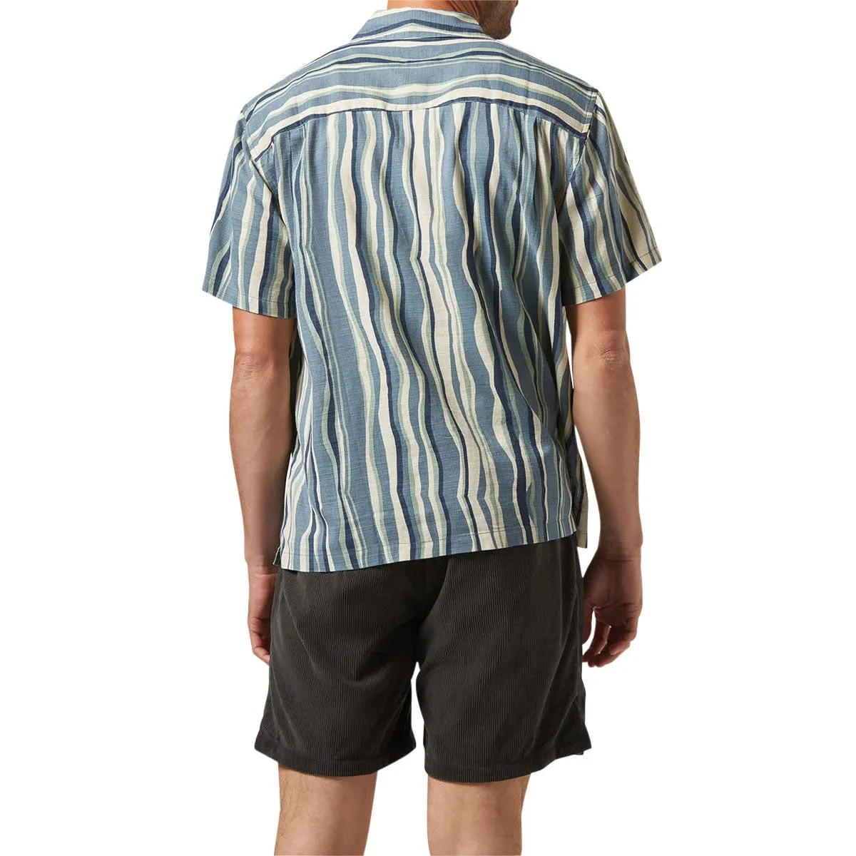 Brixton Cru Slub Shirt - Basalt Blue/Painterly Stripe Bold Pattern Non Chafe Seams