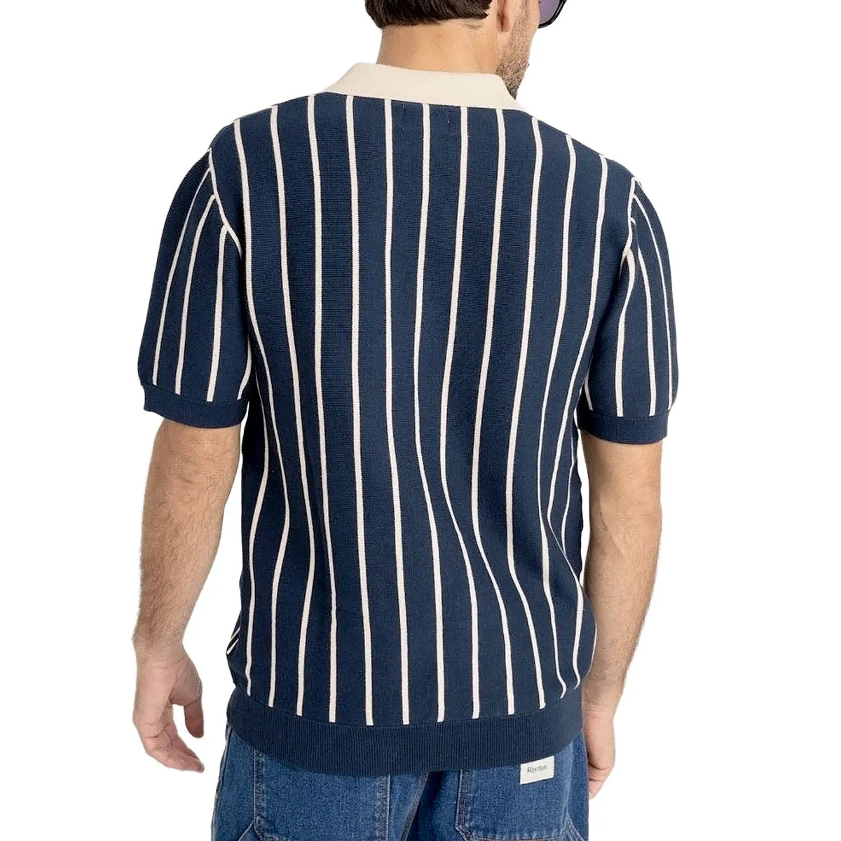 Rhythm Striped Knit Polo Shirt - Navy Non Restrictive Armhole