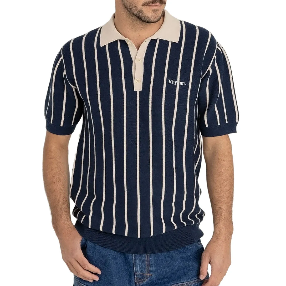 Reinforced Elasticity Snag Resistant Fabric Rhythm Striped Knit Polo Shirt - Navy