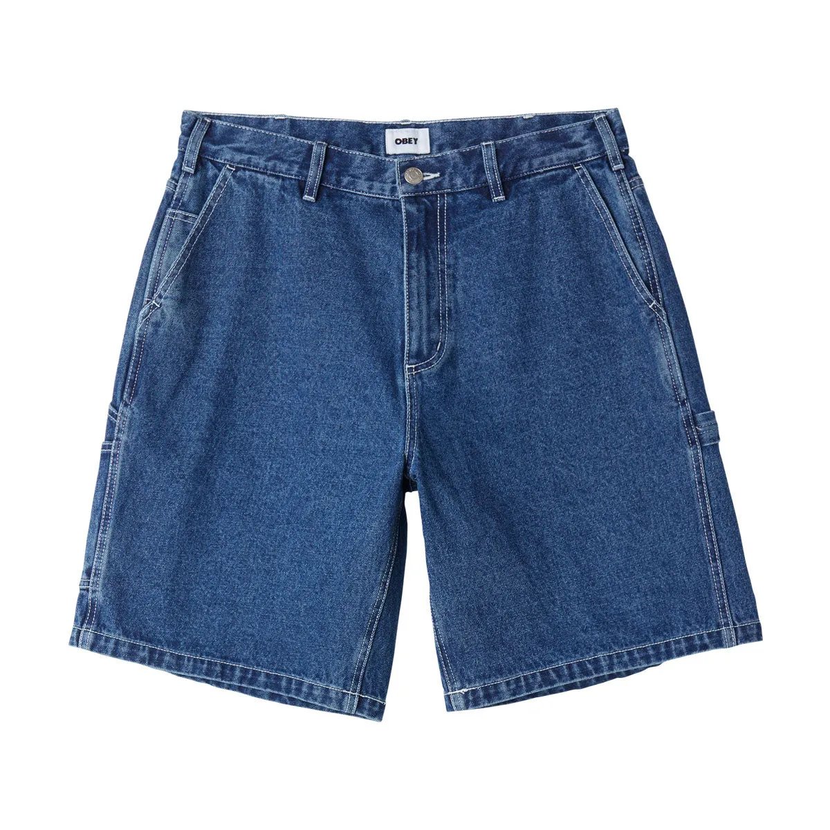 Simple Cut Reinforced Gusset Obey Big Wig Denim Carpenter Shorts - Stone Wash Indigo